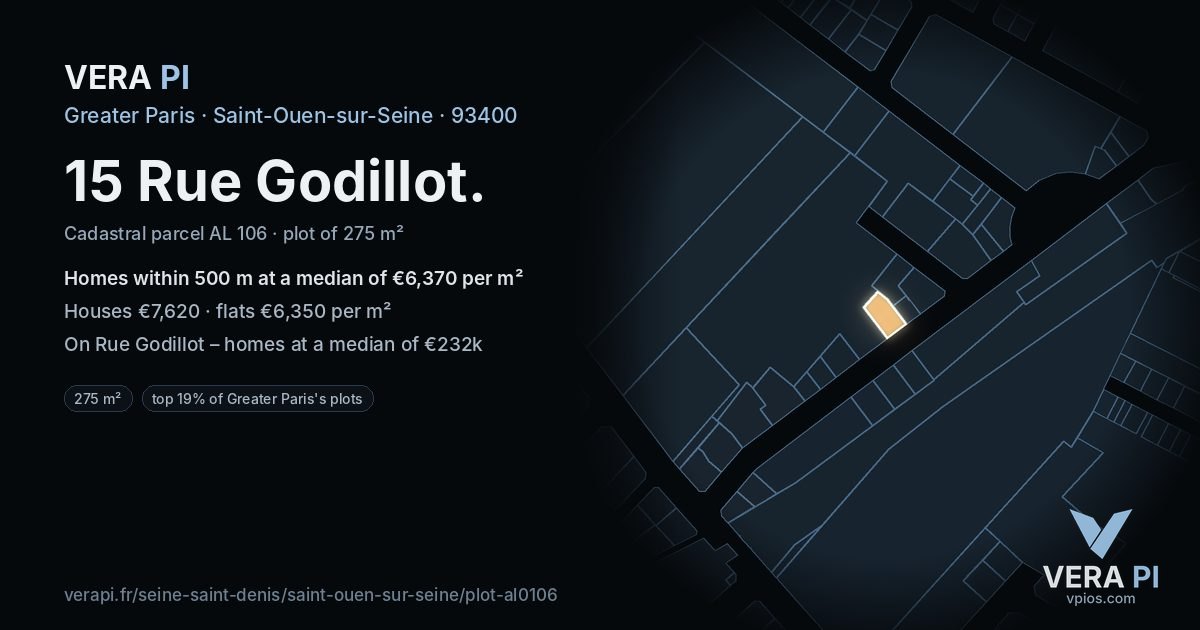 15 Rue Godillot, Saint-Ouen-sur-Seine at night – the plot lit, the parcels around coloured by the prices near them