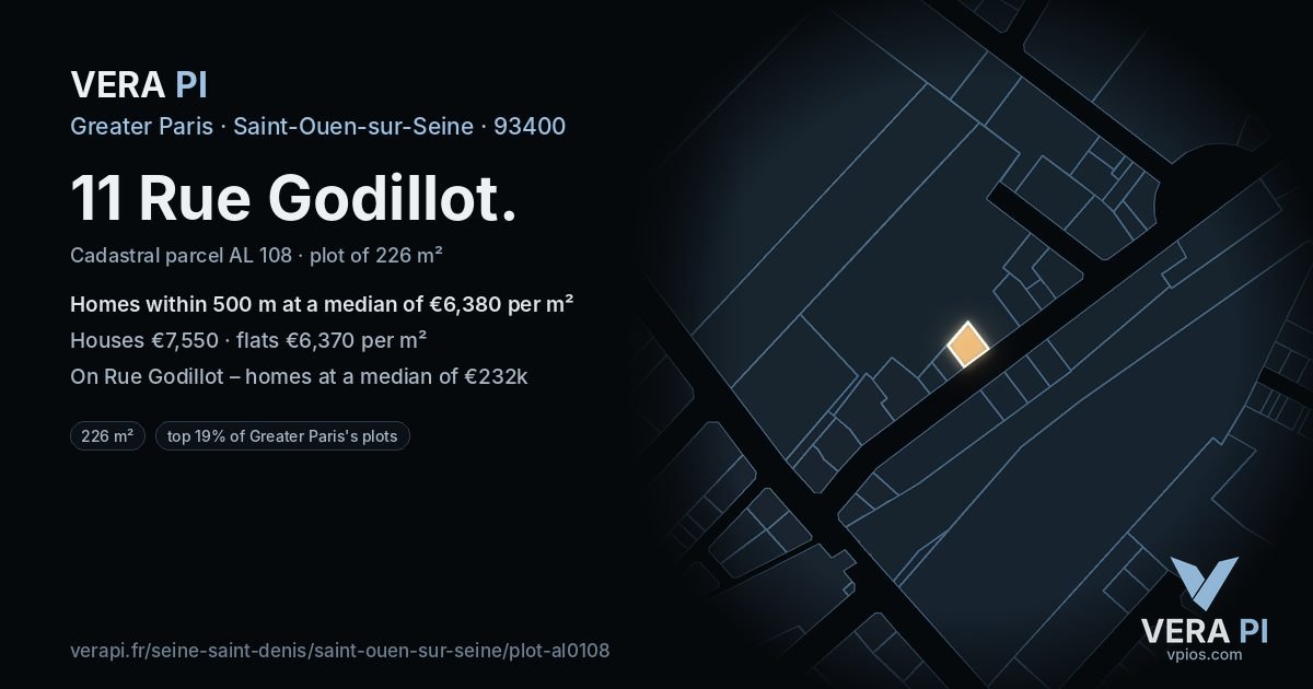 11 Rue Godillot, Saint-Ouen-sur-Seine at night – the plot lit, the parcels around coloured by the prices near them