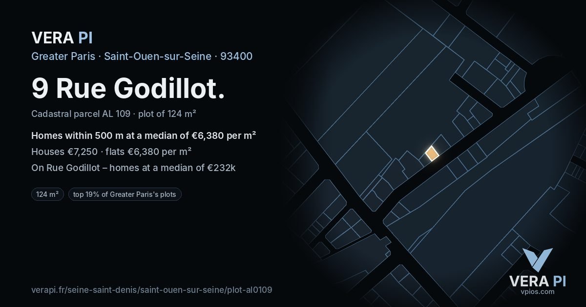 9 Rue Godillot, Saint-Ouen-sur-Seine at night – the plot lit, the parcels around coloured by the prices near them