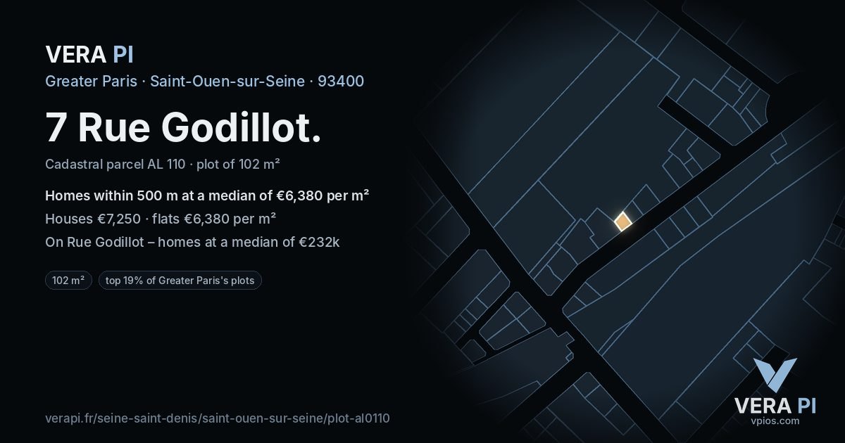 7 Rue Godillot, Saint-Ouen-sur-Seine at night – the plot lit, the parcels around coloured by the prices near them