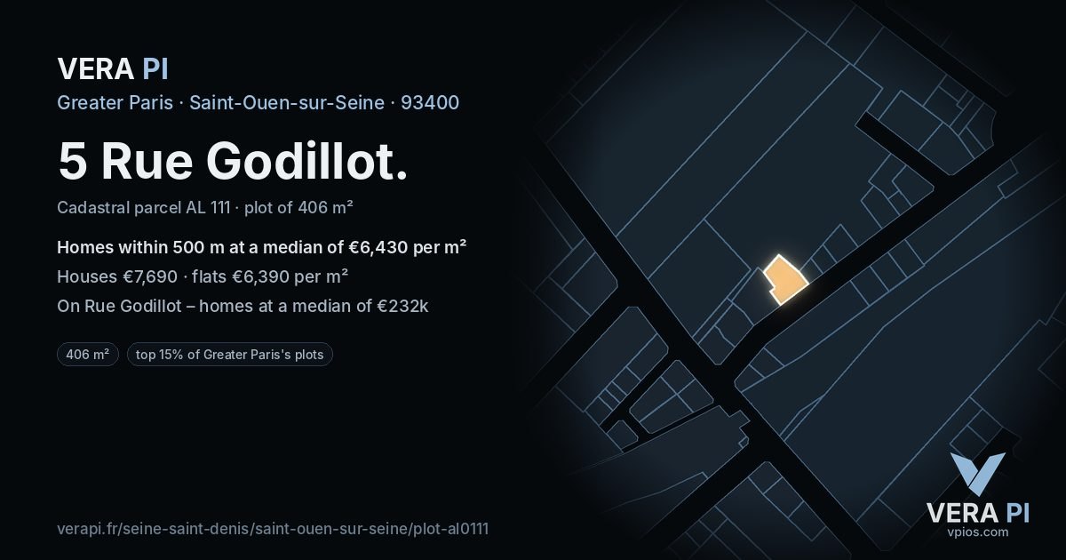 5 Rue Godillot, Saint-Ouen-sur-Seine at night – the plot lit, the parcels around coloured by the prices near them