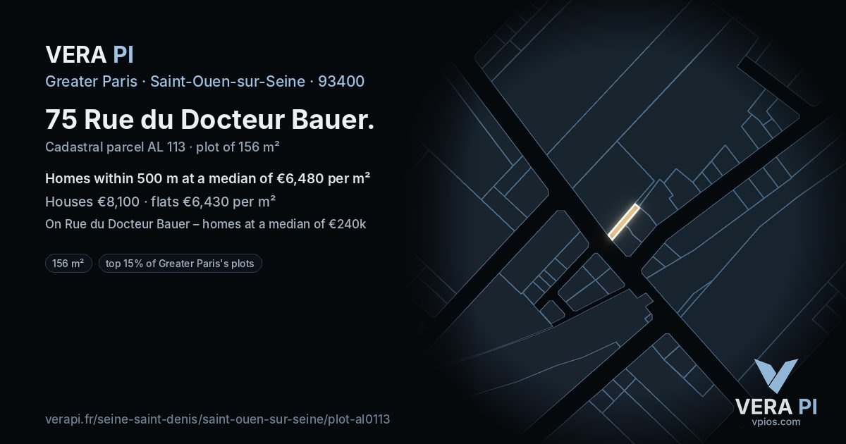 75 Rue du Docteur Bauer, Saint-Ouen-sur-Seine at night – the plot lit, the parcels around coloured by the prices near them