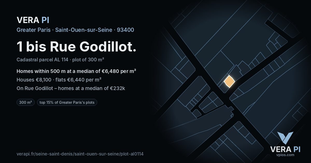 1 bis Rue Godillot, Saint-Ouen-sur-Seine at night – the plot lit, the parcels around coloured by the prices near them