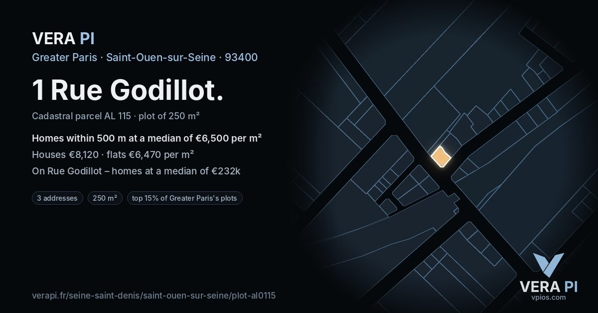 1 Rue Godillot, Saint-Ouen-sur-Seine at night – the plot lit, the parcels around coloured by the prices near them