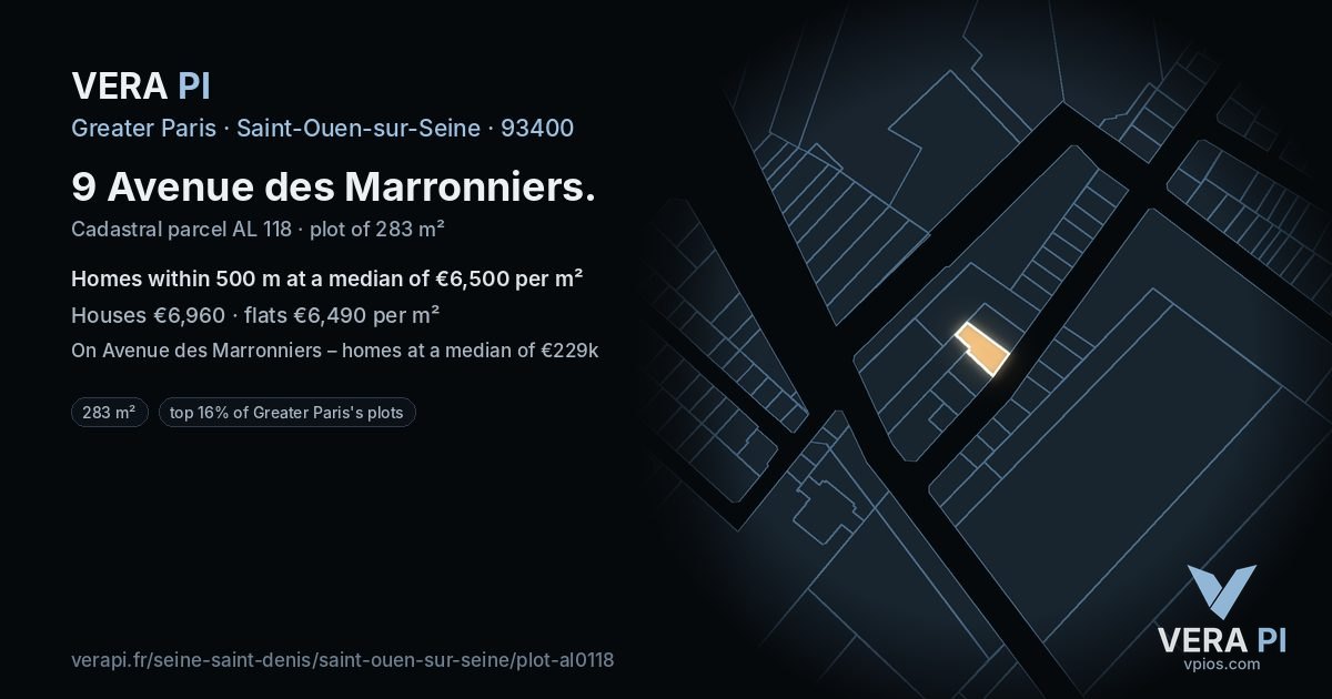 9 Avenue des Marronniers, Saint-Ouen-sur-Seine at night – the plot lit, the parcels around coloured by the prices near them