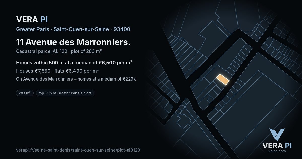 11 Avenue des Marronniers, Saint-Ouen-sur-Seine at night – the plot lit, the parcels around coloured by the prices near them