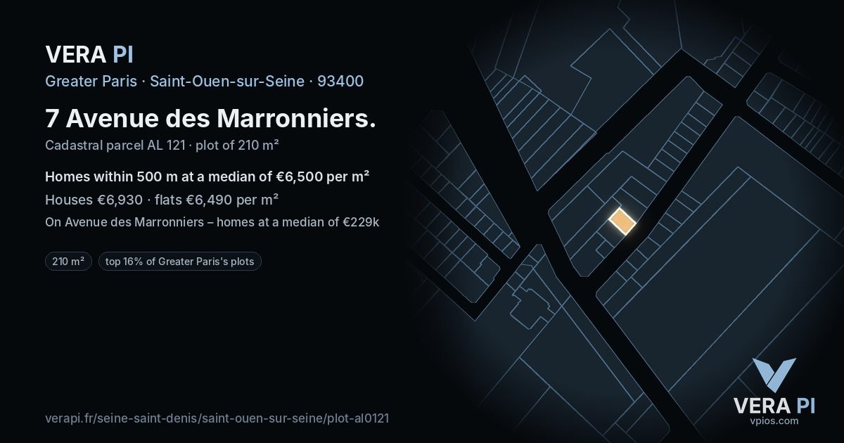 7 Avenue des Marronniers, Saint-Ouen-sur-Seine at night – the plot lit, the parcels around coloured by the prices near them