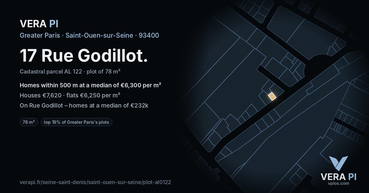 17 Rue Godillot, Saint-Ouen-sur-Seine at night – the plot lit, the parcels around coloured by the prices near them
