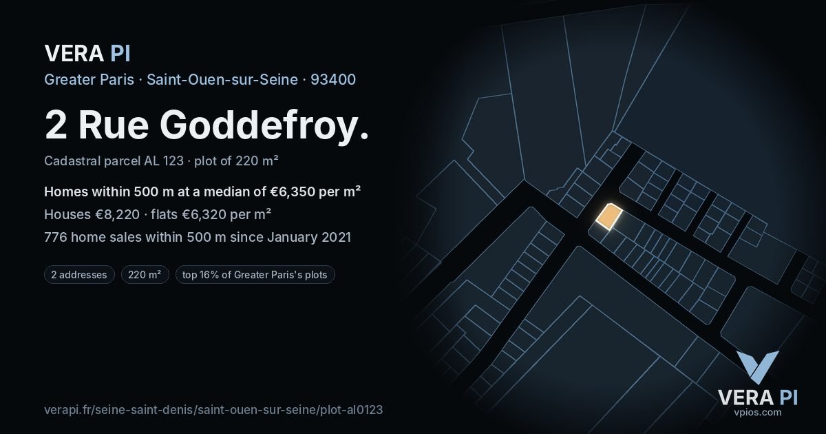 2 Rue Goddefroy, Saint-Ouen-sur-Seine at night – the plot lit, the parcels around coloured by the prices near them