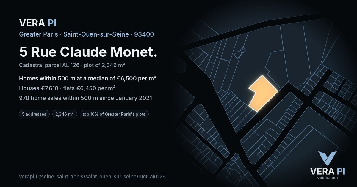 5 Rue Claude Monet, Saint-Ouen-sur-Seine at night – the plot lit, the parcels around coloured by the prices near them