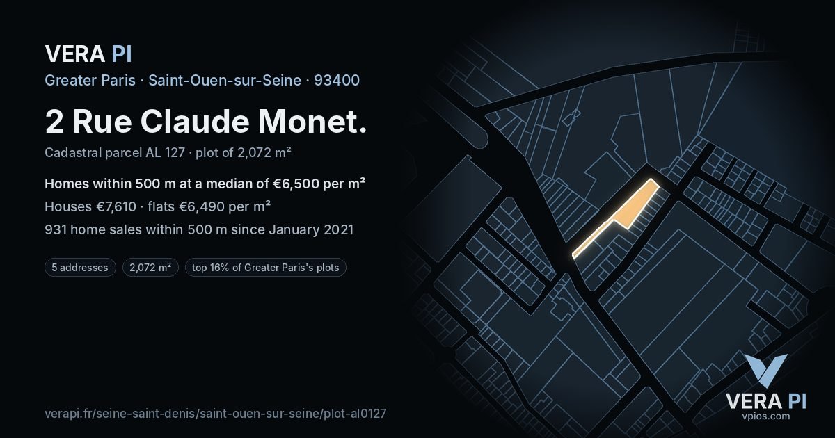 2 Rue Claude Monet, Saint-Ouen-sur-Seine at night – the plot lit, the parcels around coloured by the prices near them