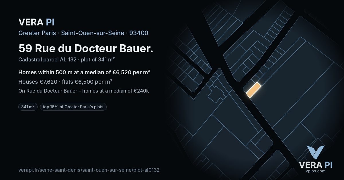 59 Rue du Docteur Bauer, Saint-Ouen-sur-Seine at night – the plot lit, the parcels around coloured by the prices near them