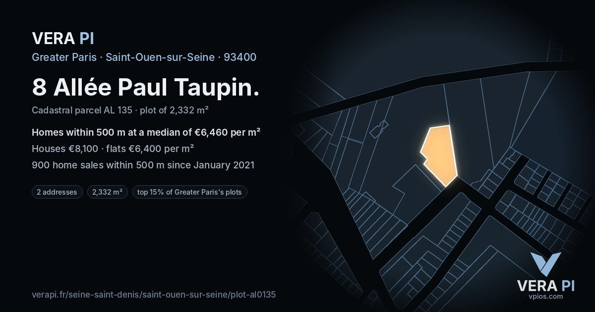 8 Allée Paul Taupin, Saint-Ouen-sur-Seine at night – the plot lit, the parcels around coloured by the prices near them