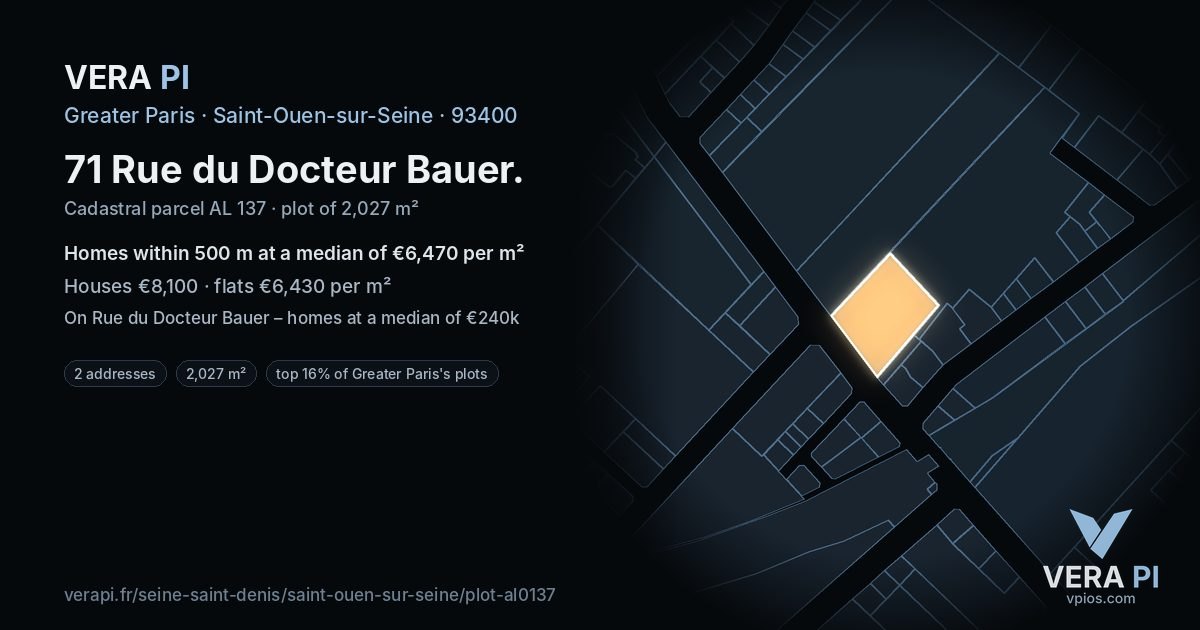 71 Rue du Docteur Bauer, Saint-Ouen-sur-Seine at night – the plot lit, the parcels around coloured by the prices near them