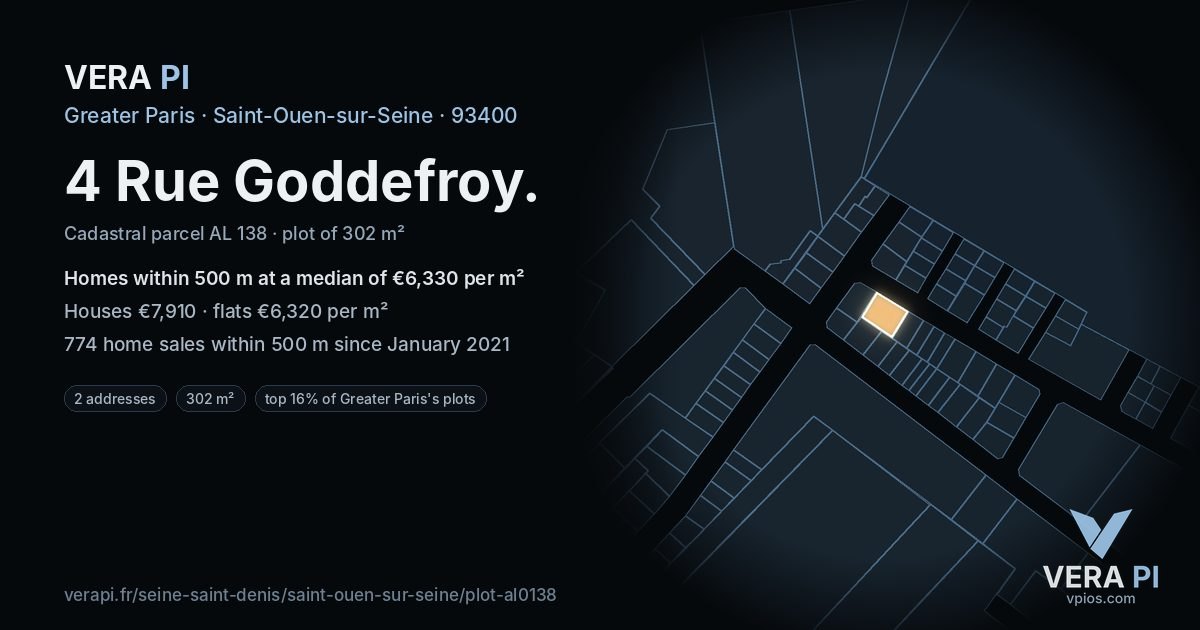 4 Rue Goddefroy, Saint-Ouen-sur-Seine at night – the plot lit, the parcels around coloured by the prices near them