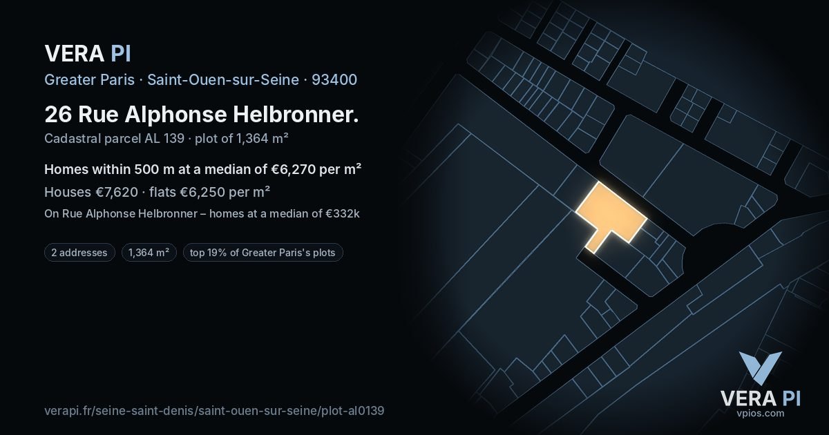 26 Rue Alphonse Helbronner, Saint-Ouen-sur-Seine at night – the plot lit, the parcels around coloured by the prices near them