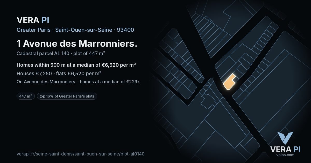 1 Avenue des Marronniers, Saint-Ouen-sur-Seine at night – the plot lit, the parcels around coloured by the prices near them
