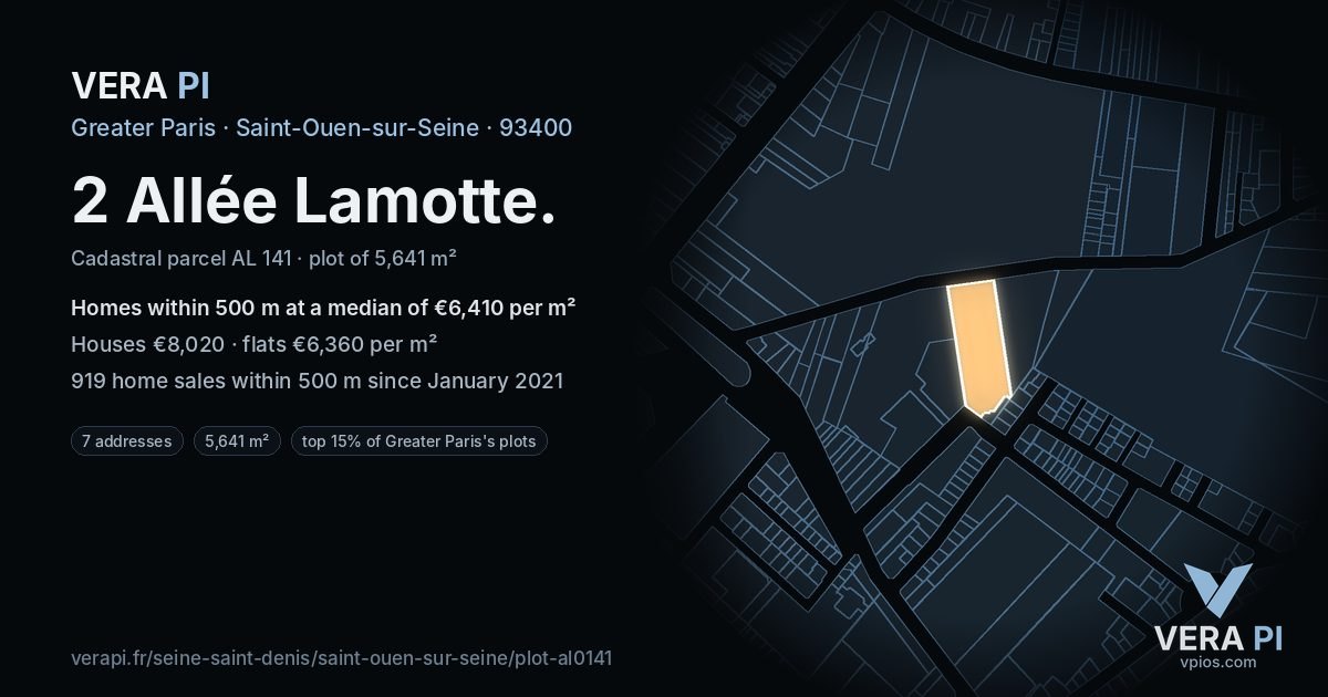 2 Allée Lamotte, Saint-Ouen-sur-Seine at night – the plot lit, the parcels around coloured by the prices near them