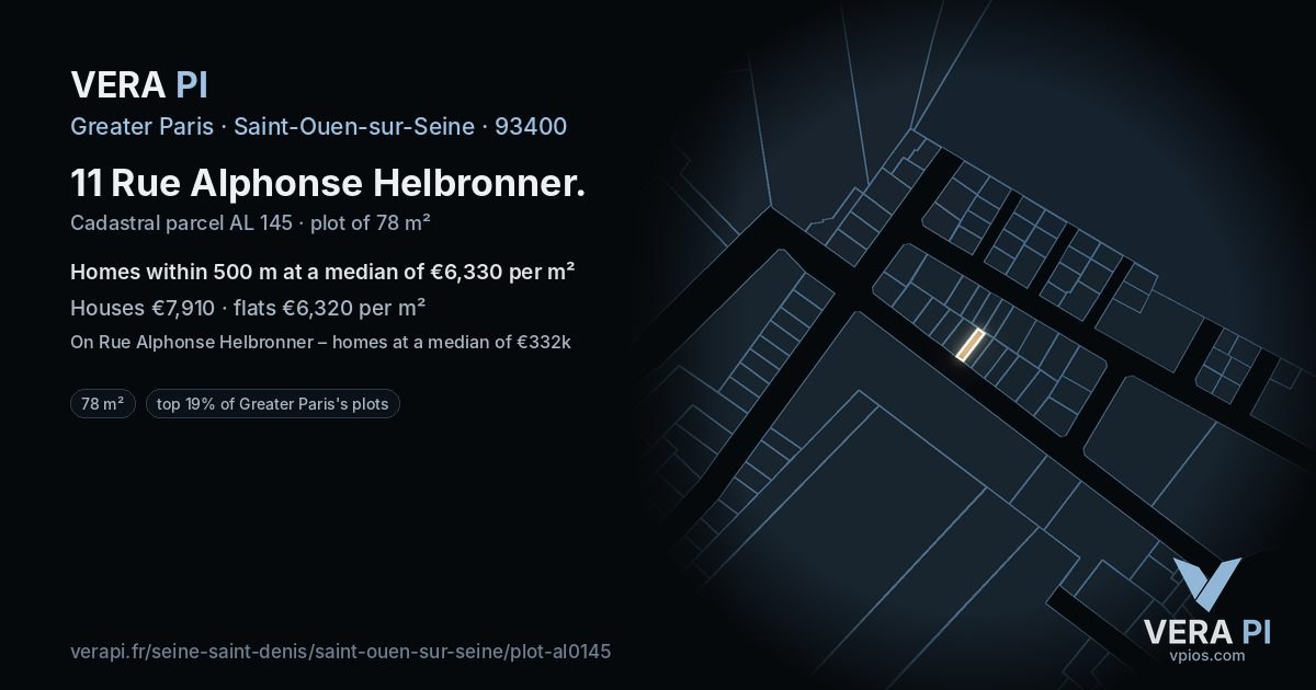 11 Rue Alphonse Helbronner, Saint-Ouen-sur-Seine at night – the plot lit, the parcels around coloured by the prices near them