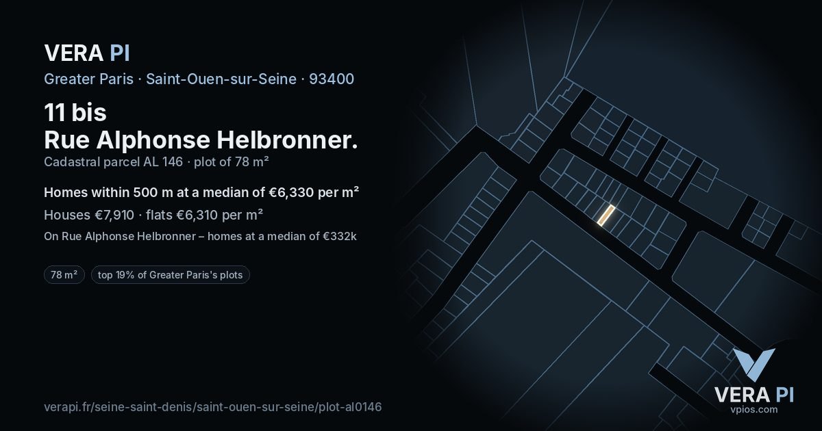 11 bis Rue Alphonse Helbronner, Saint-Ouen-sur-Seine at night – the plot lit, the parcels around coloured by the prices near them
