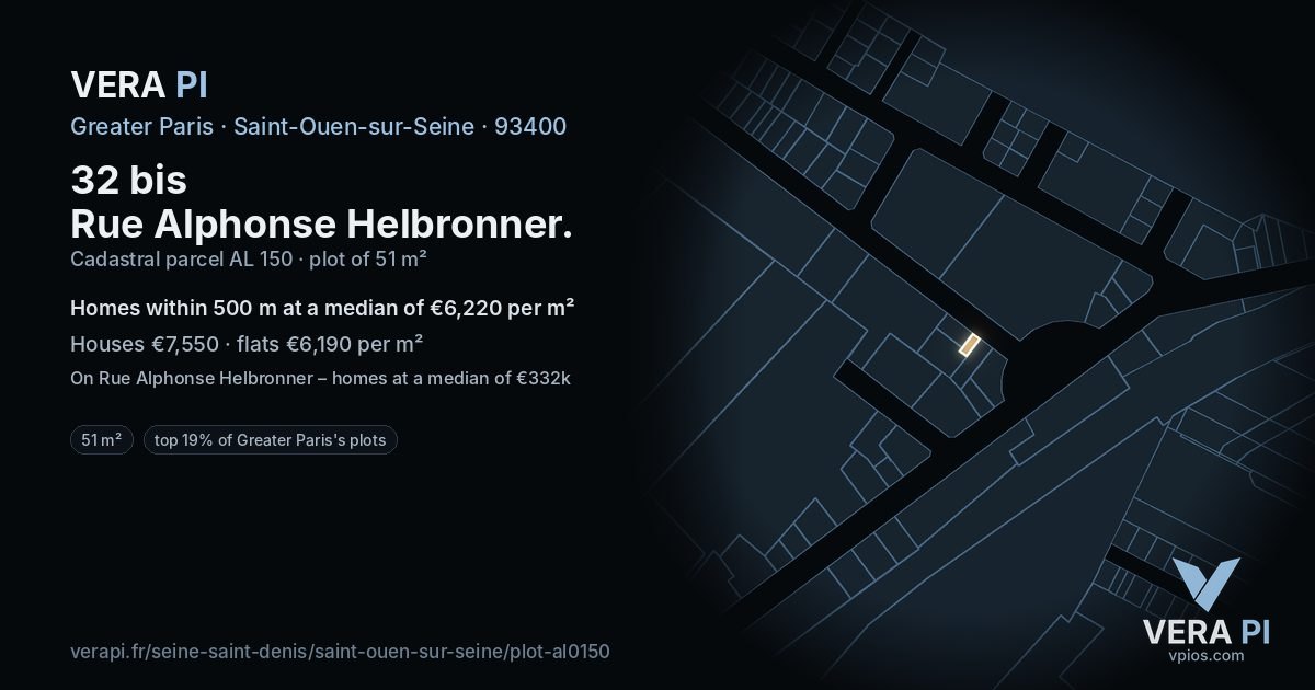 32 bis Rue Alphonse Helbronner, Saint-Ouen-sur-Seine at night – the plot lit, the parcels around coloured by the prices near them