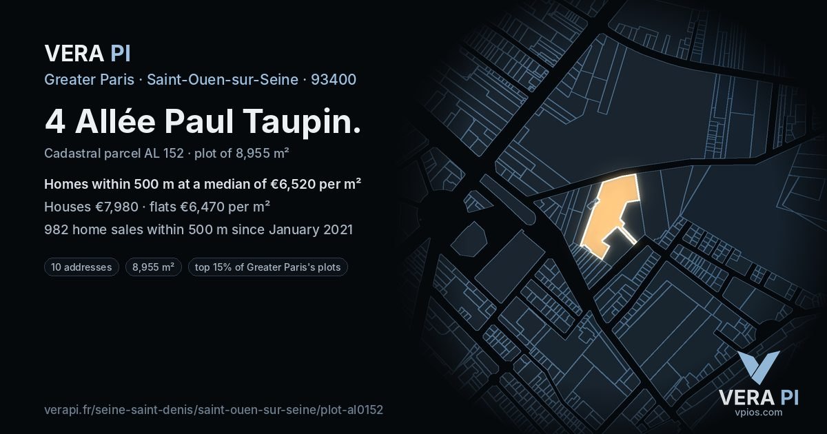 4 Allée Paul Taupin, Saint-Ouen-sur-Seine at night – the plot lit, the parcels around coloured by the prices near them