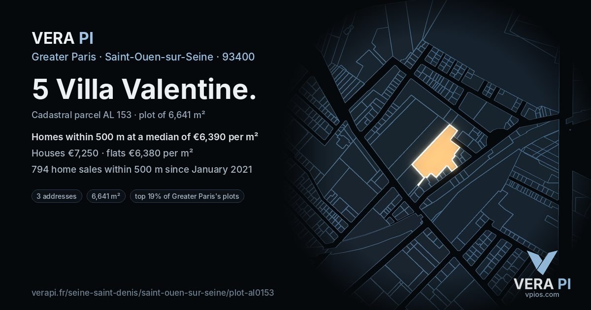 5 Villa Valentine, Saint-Ouen-sur-Seine at night – the plot lit, the parcels around coloured by the prices near them