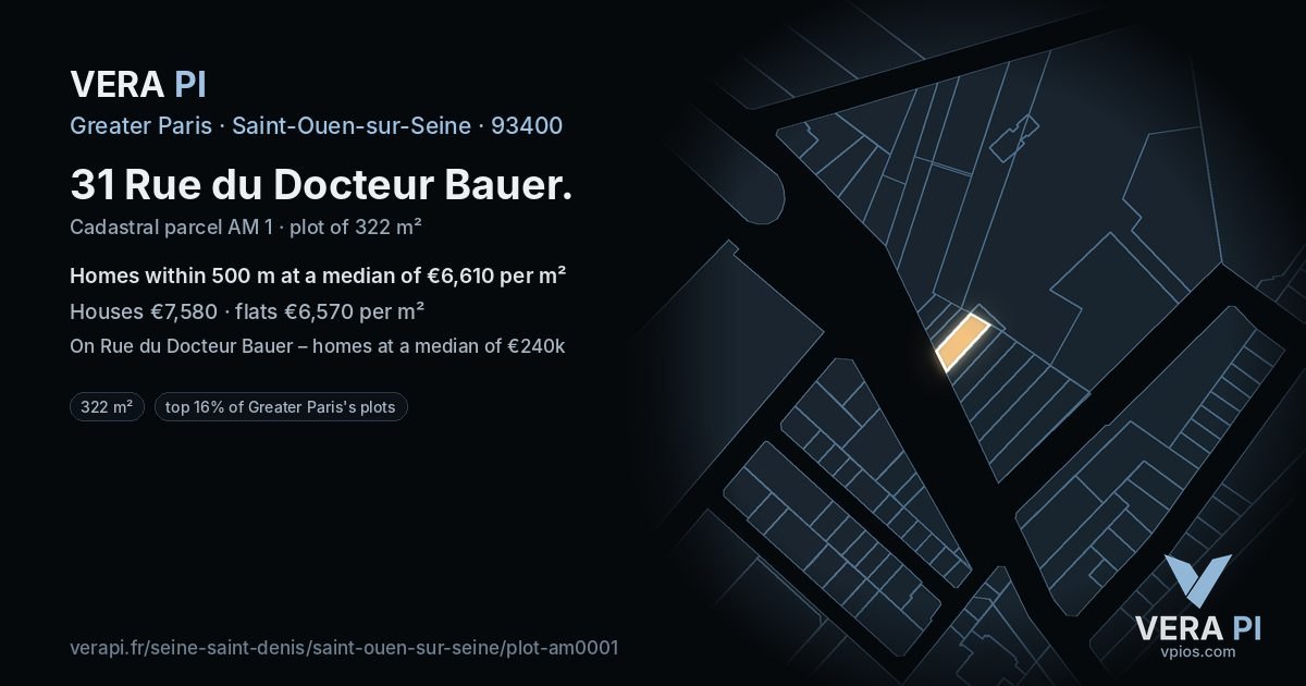 31 Rue du Docteur Bauer, Saint-Ouen-sur-Seine at night – the plot lit, the parcels around coloured by the prices near them