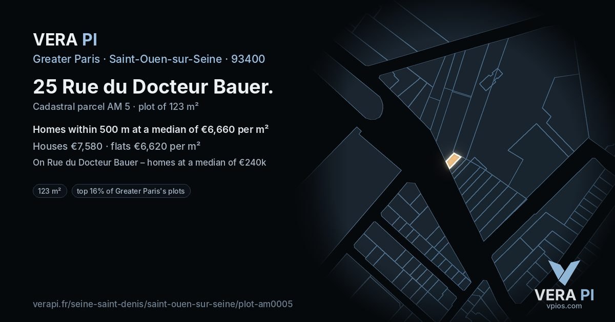 25 Rue du Docteur Bauer, Saint-Ouen-sur-Seine at night – the plot lit, the parcels around coloured by the prices near them