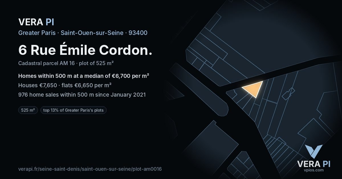 6 Rue Émile Cordon, Saint-Ouen-sur-Seine at night – the plot lit, the parcels around coloured by the prices near them