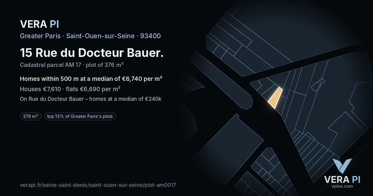 15 Rue du Docteur Bauer, Saint-Ouen-sur-Seine at night – the plot lit, the parcels around coloured by the prices near them