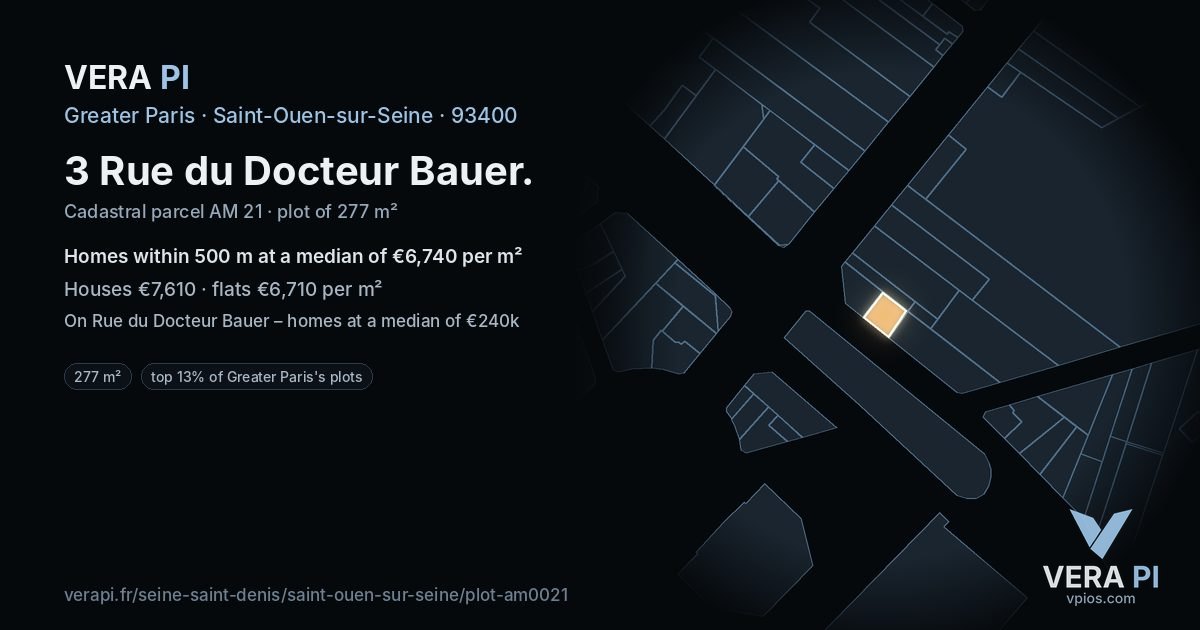 3 Rue du Docteur Bauer, Saint-Ouen-sur-Seine at night – the plot lit, the parcels around coloured by the prices near them