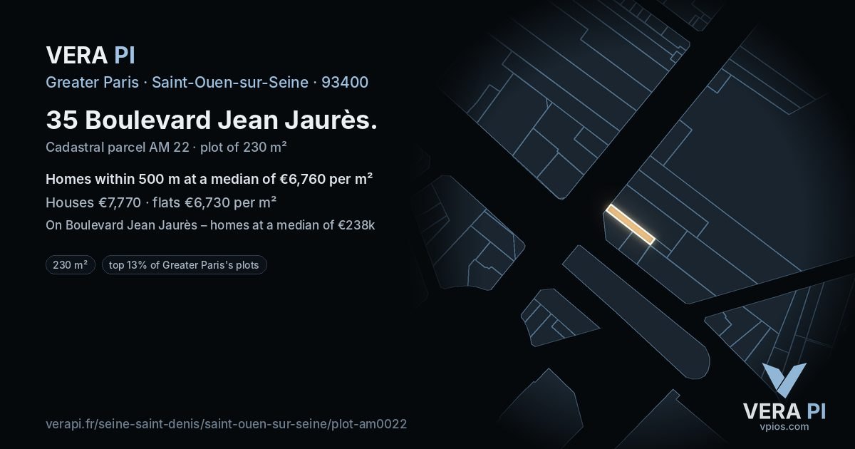 35 Boulevard Jean Jaurès, Saint-Ouen-sur-Seine at night – the plot lit, the parcels around coloured by the prices near them
