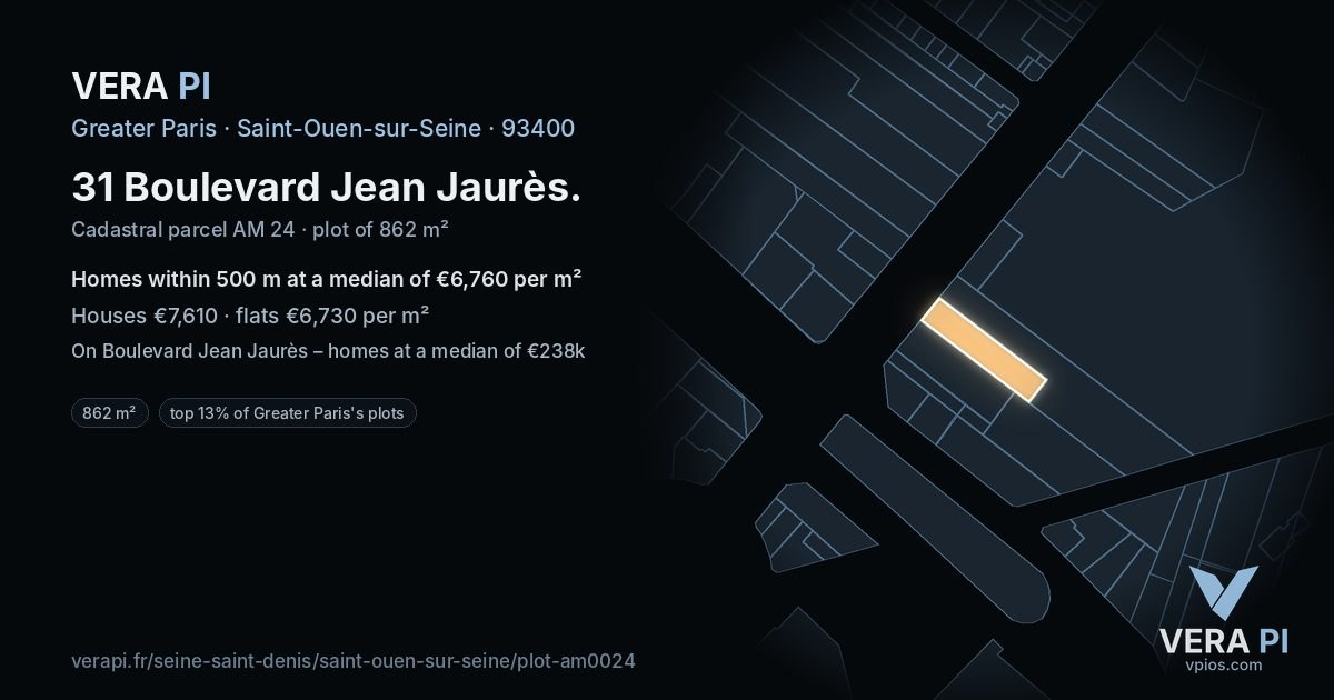 31 Boulevard Jean Jaurès, Saint-Ouen-sur-Seine at night – the plot lit, the parcels around coloured by the prices near them