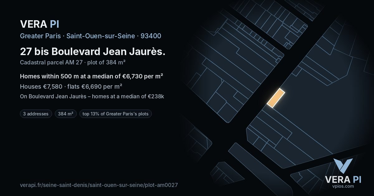 27 bis Boulevard Jean Jaurès, Saint-Ouen-sur-Seine at night – the plot lit, the parcels around coloured by the prices near them