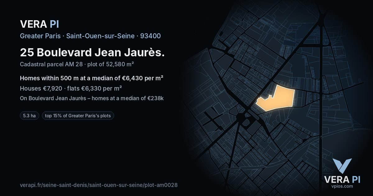 25 Boulevard Jean Jaurès, Saint-Ouen-sur-Seine at night – the plot lit, the parcels around coloured by the prices near them