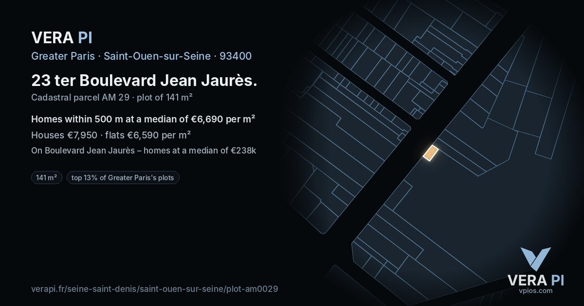 23 ter Boulevard Jean Jaurès, Saint-Ouen-sur-Seine at night – the plot lit, the parcels around coloured by the prices near them