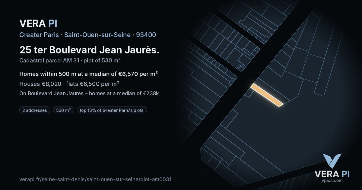 25 ter Boulevard Jean Jaurès, Saint-Ouen-sur-Seine at night – the plot lit, the parcels around coloured by the prices near them