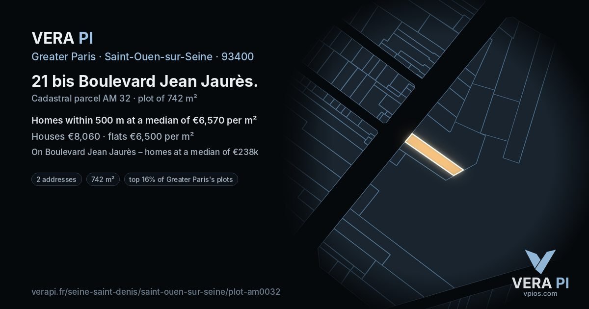 21 bis Boulevard Jean Jaurès, Saint-Ouen-sur-Seine at night – the plot lit, the parcels around coloured by the prices near them