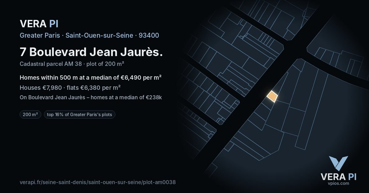 7 Boulevard Jean Jaurès, Saint-Ouen-sur-Seine at night – the plot lit, the parcels around coloured by the prices near them
