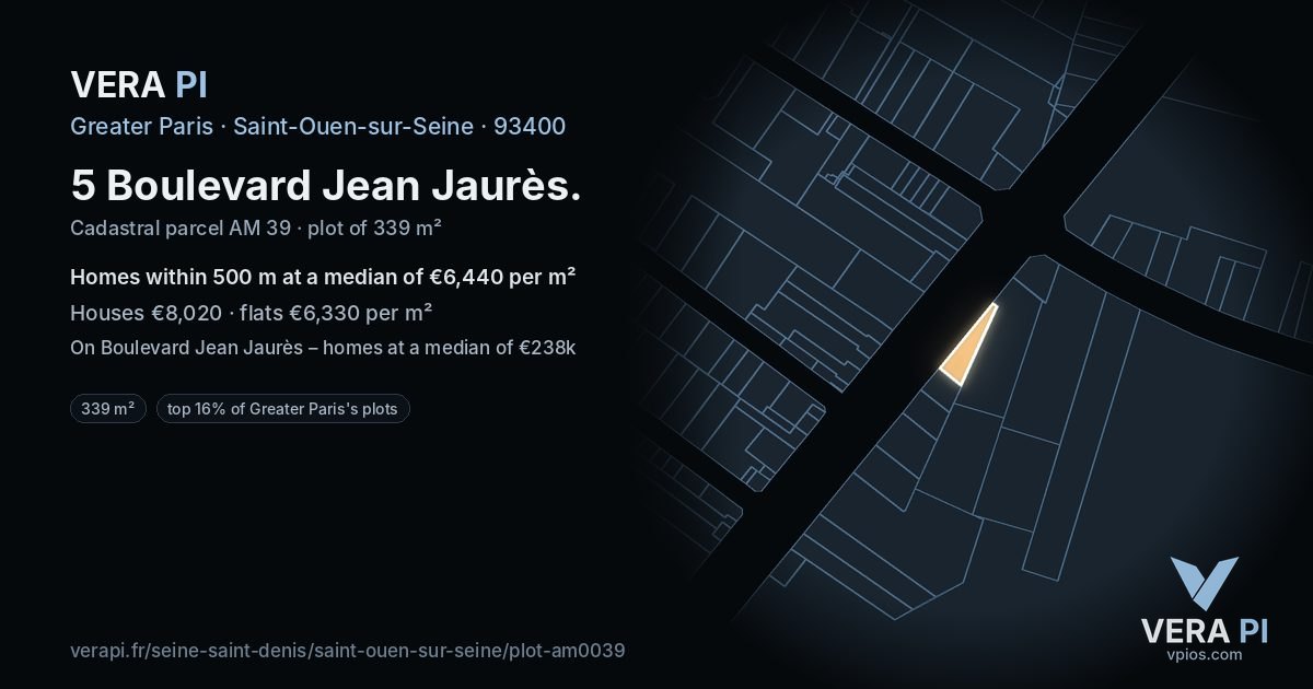 5 Boulevard Jean Jaurès, Saint-Ouen-sur-Seine at night – the plot lit, the parcels around coloured by the prices near them