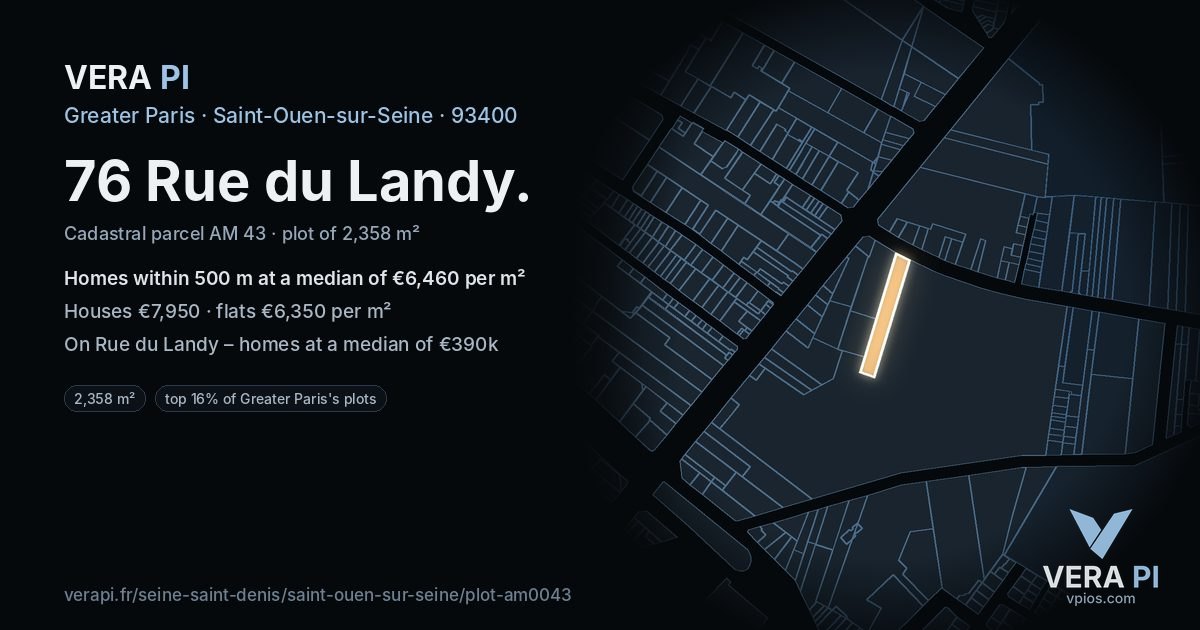 76 Rue du Landy, Saint-Ouen-sur-Seine at night – the plot lit, the parcels around coloured by the prices near them