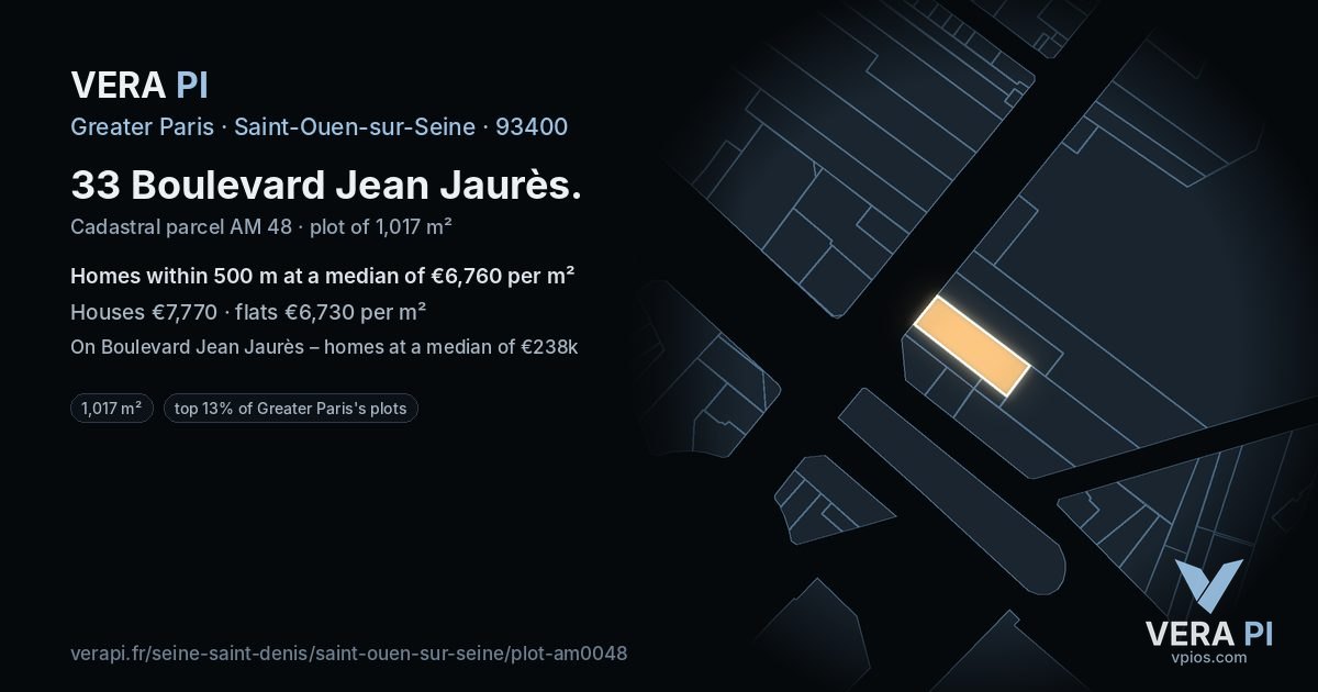 33 Boulevard Jean Jaurès, Saint-Ouen-sur-Seine at night – the plot lit, the parcels around coloured by the prices near them