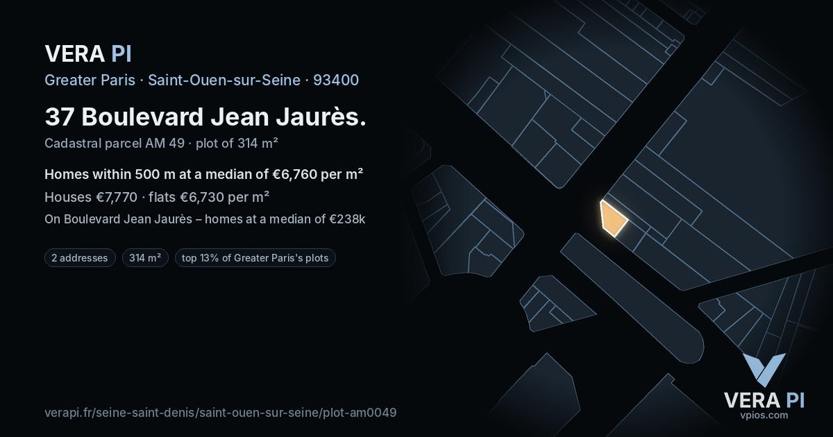 37 Boulevard Jean Jaurès, Saint-Ouen-sur-Seine at night – the plot lit, the parcels around coloured by the prices near them
