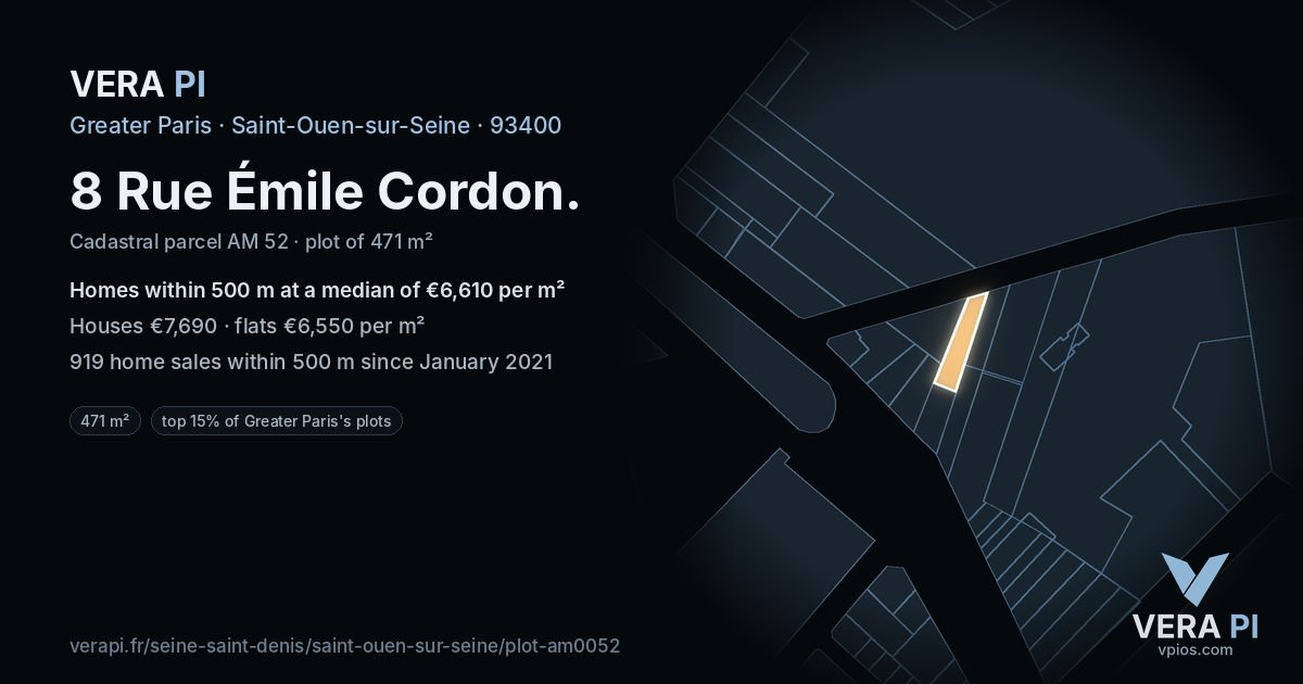 8 Rue Émile Cordon, Saint-Ouen-sur-Seine at night – the plot lit, the parcels around coloured by the prices near them