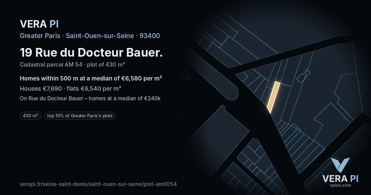 19 Rue du Docteur Bauer, Saint-Ouen-sur-Seine at night – the plot lit, the parcels around coloured by the prices near them