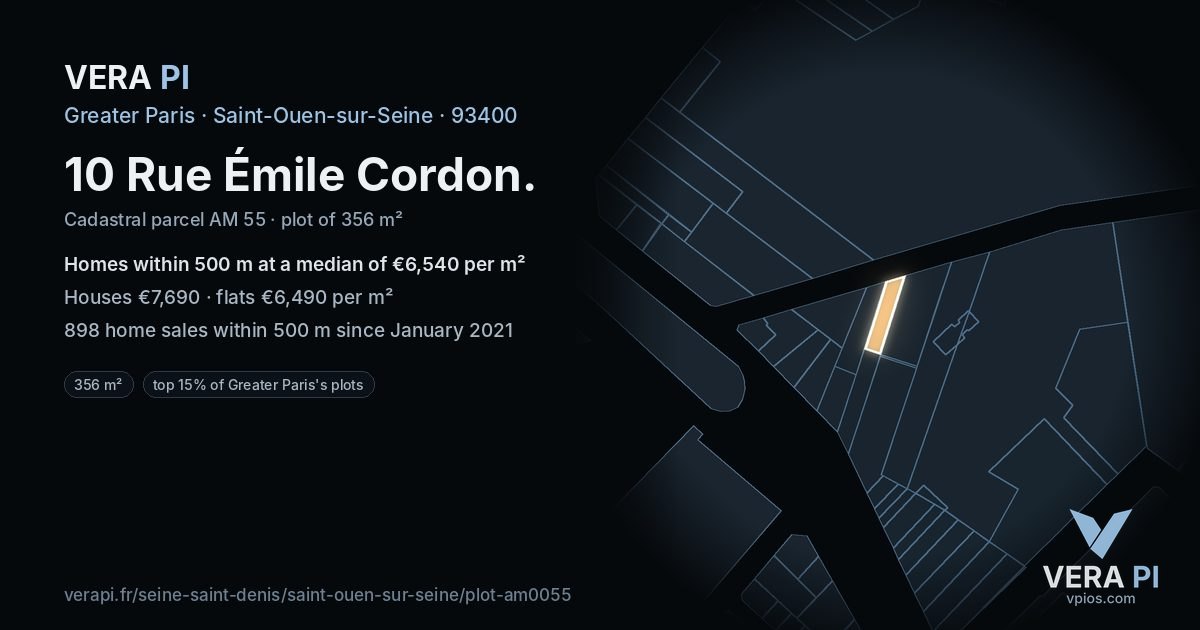 10 Rue Émile Cordon, Saint-Ouen-sur-Seine at night – the plot lit, the parcels around coloured by the prices near them