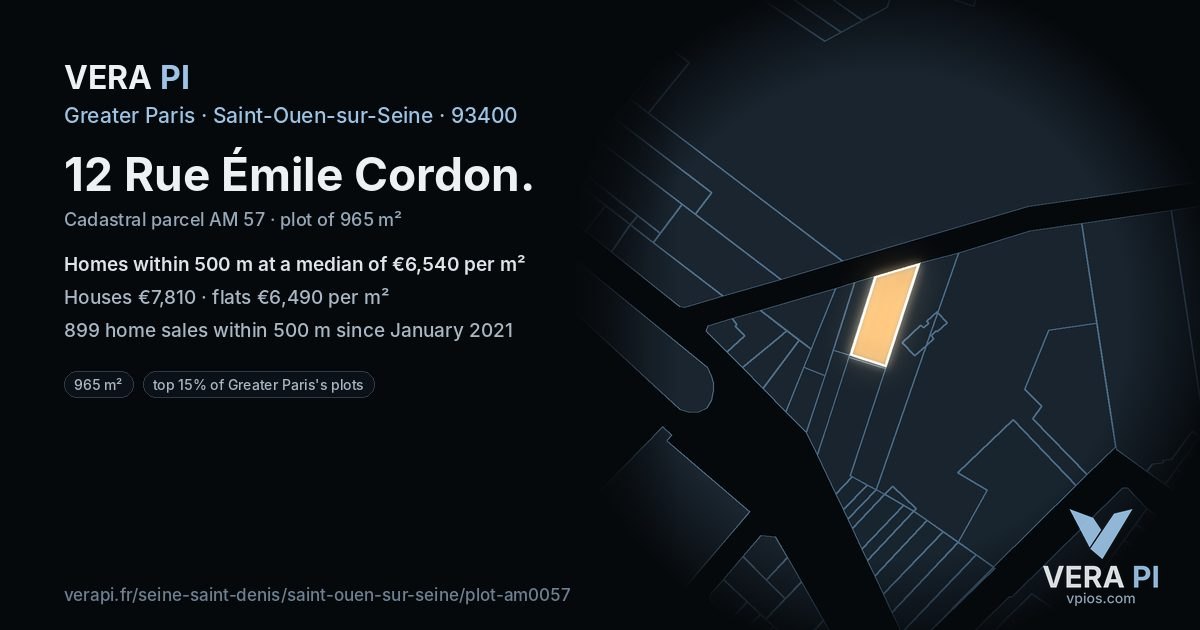 12 Rue Émile Cordon, Saint-Ouen-sur-Seine at night – the plot lit, the parcels around coloured by the prices near them