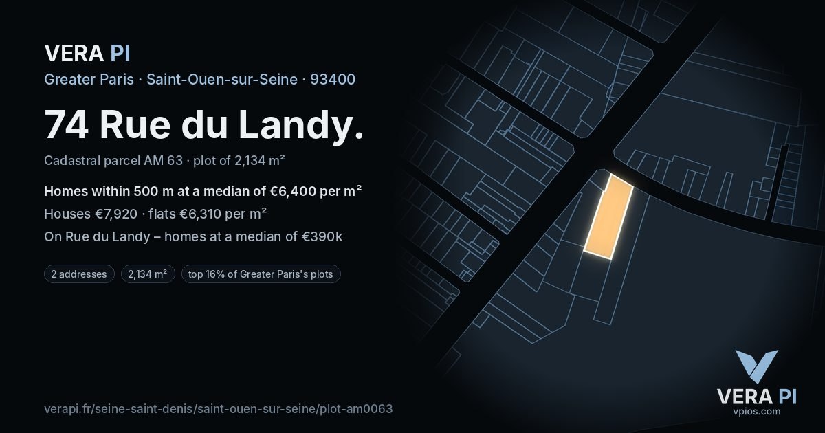 74 Rue du Landy, Saint-Ouen-sur-Seine at night – the plot lit, the parcels around coloured by the prices near them
