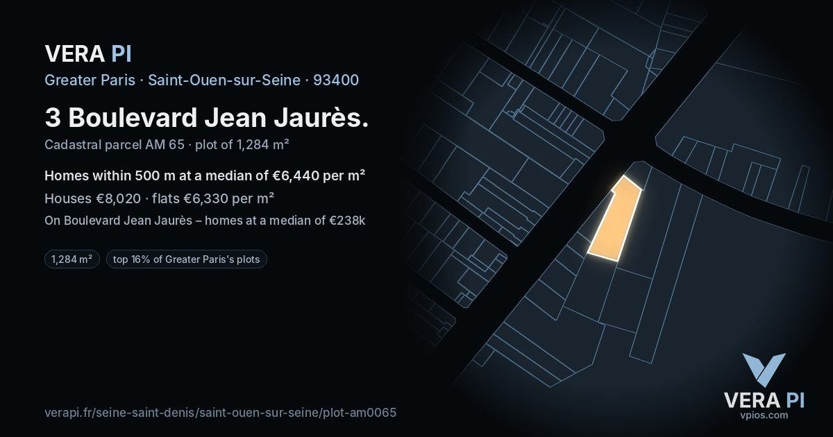3 Boulevard Jean Jaurès, Saint-Ouen-sur-Seine at night – the plot lit, the parcels around coloured by the prices near them